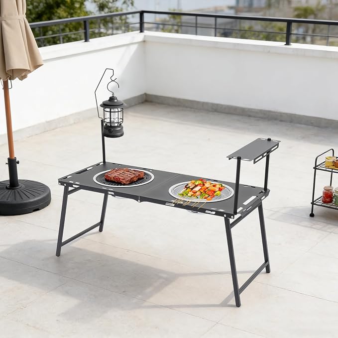 Portable Charcoal Grill Table, Folding Korean BBQ Camping Station with Dual Grill Racks, Frying Pan, Side Shelf & Lantern Stand, High-Carbon Steel for Outdoor Picnic, Barbecue & Travel