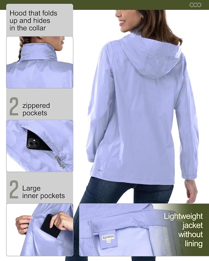 33,000ft Women's Rain Jacket Waterproof Lightweight Packable Raincoat with Hood for Golf Hiking Travel Windbreaker