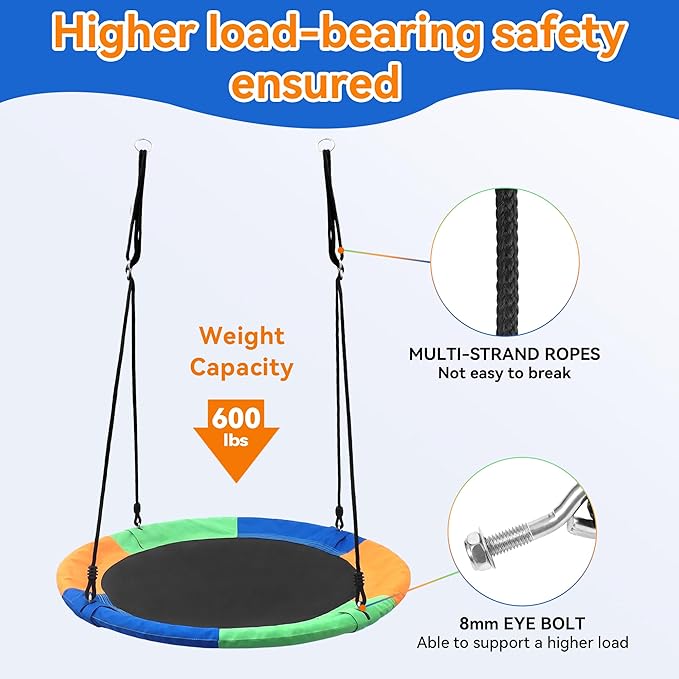 Saucer Tree Swing Seat for Kids 40 Inch Outdoor Round Tree Swing for Children Heavy Duty Safe Durable Easy Install for Backyard Multicolor