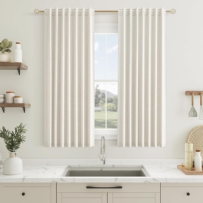 Guken 100% Blackout Linen Short Curtains for Bedroom 54 Inches Long Natural Cream Black Out Curtain Back Tab Thermal Insulated Room Darkening Window Drapes for Living Room 2 Panels Beige Ivory 52x54