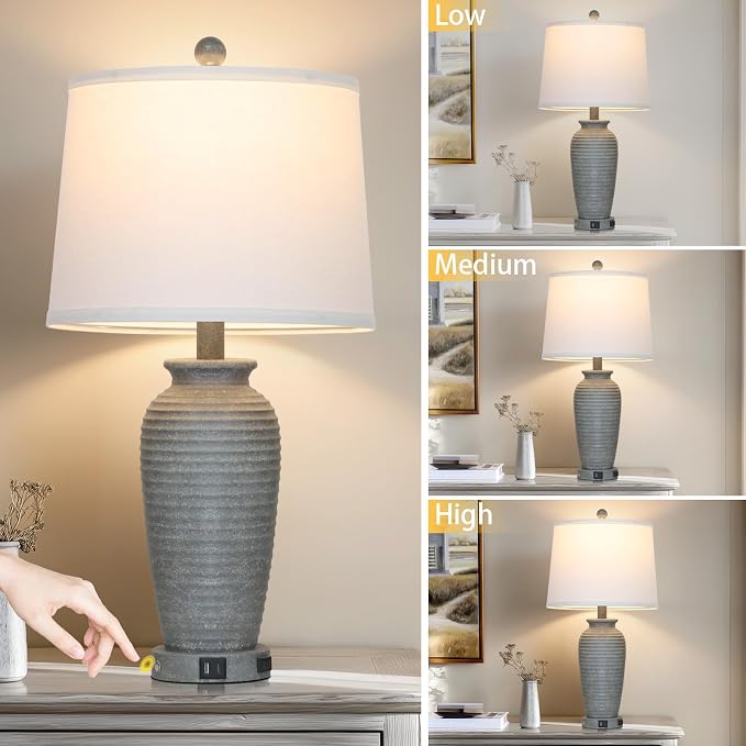 CINSARY 25" Grey Farmhouse Jar Table Lamps, 3 Way Touch Control Rustic Bedside Lamps with USB A+C Ports & AC Outlet, Pot Nightstand Lamps for Bedroom End Table (LED Bulbs Included)
