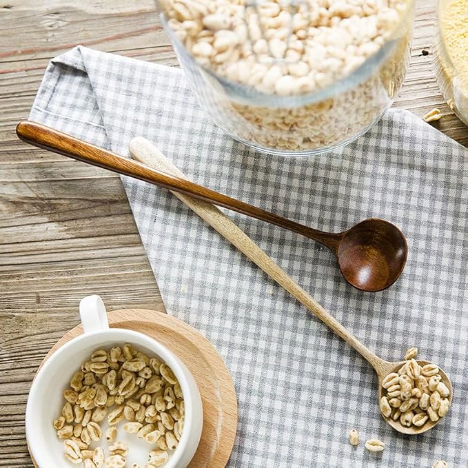 Long Soup Spoons, 11In Korean Style Natural Wood Long Handle Round Spoons | for Soup Mixing Stirrer Kitchen Tools Utensils
