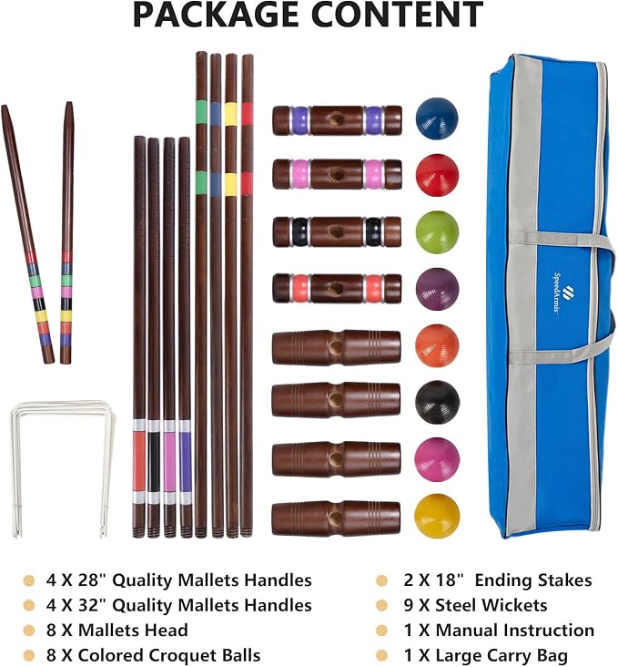 SpeedArmis Deluxe 8 Players Croquet Set with 32In Regulation | 28In Standard Size Rubber Wood Mallets, Colored PE Ball, Wickets, 21In End Stakes - Lawn Backyard Game for Teens/Adults/Family