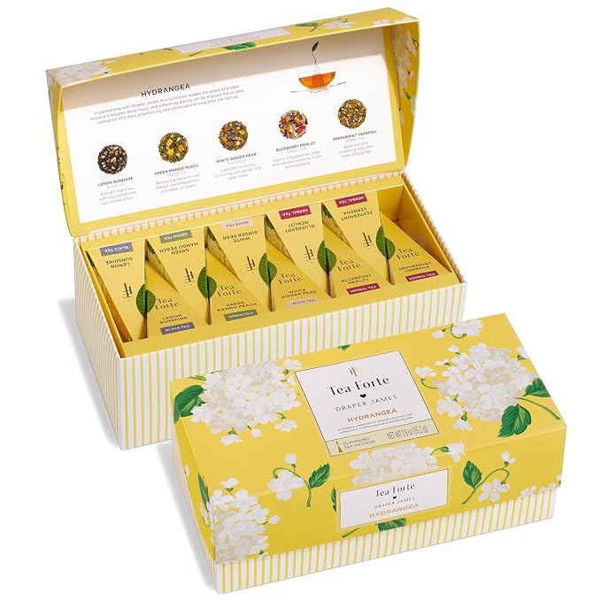 Tea Forte Premium Presentation Box Gift Set Sampler, 20 Count, Assorted Blends Individually Wrapped Handcrafted Pyramid Infuser Bags, Hydrangea