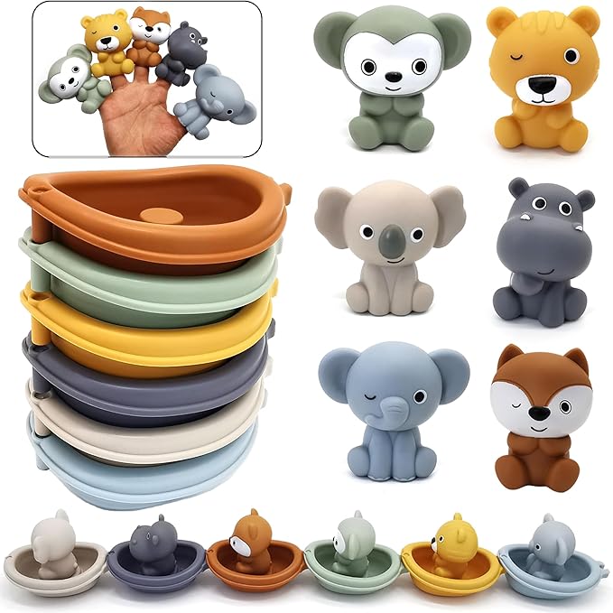 Bath Toys Floating Boats, 12Pcs Bath Toys for Kids Ages 1-3 or Babies 6-12-18 Months, Mold Free Bath Pool Toy for Toddlers 2-4, Stacking Toys, Soft Finger Puppets Animals Bath Toy