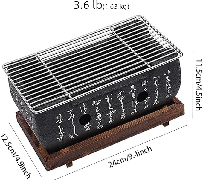Japanese Hibachi Grill, Portable Tabletop Yakitori Charcoal Grill for Indoor Outdoor BBQ with Wooden Base & Cooking Grate 4.9x4.5x9.4in