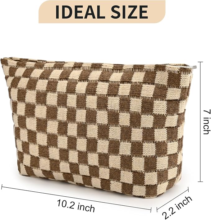SOIDRAM 2 Pieces Makeup Bag Large Checkered Cosmetic Bag Capacity Canvas Travel Toiletry Bag Organizer Cute Makeup Brushes Aesthetic Accessories Storage Bag for Women, Brown checkered