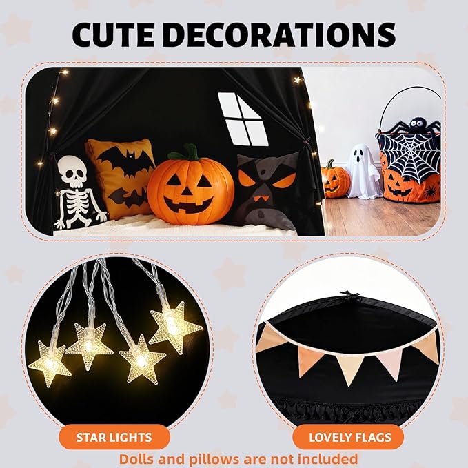Sumbababy Large Teepee Tent for Kids: with Star Lights - Tent Indoor Kids Teepee Tent for Boys & Girls - Kids Play Tent Inside Canopy Bed for Playroom Gift Toys (All-Black)