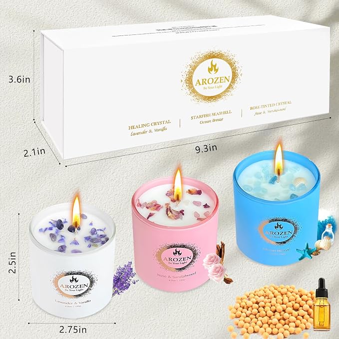 3 Pack Scented Candles Gift Set for Women – Lavender, Ocean, Rose Soy Candles with Crystals & Seashells, 70-Hour Total Burn Time, Aromatherapy Candle Set for Home Decor, Mother’s Day Birthday