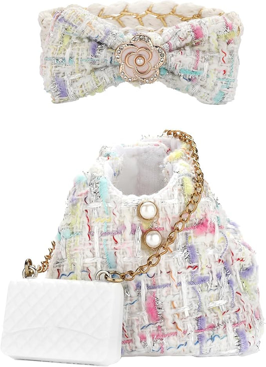 Doll Clothes for Labubu 17cm Have a Seat & Exciting Macaron & Big into Energy Series Dolls, Luxury Chic Series for 17cm Dolls Accessories (White Dress+Hairband+Bag)