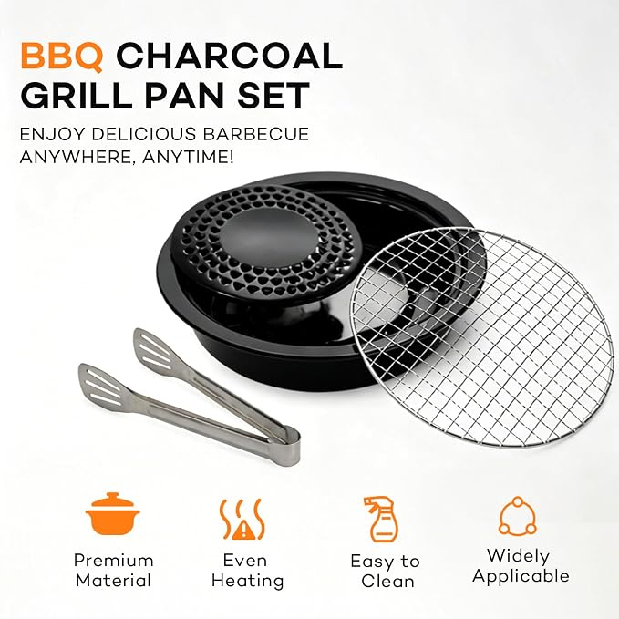 Korean Cookware Aburi Stove Top Grill Pan, Round Cooking Chamber Indoor BBQ Japanese Grill Pan, Includes Two Steel Screens & Grill Plate Handle, Outdoor Camping Grilling, Picnic Cooking, Black