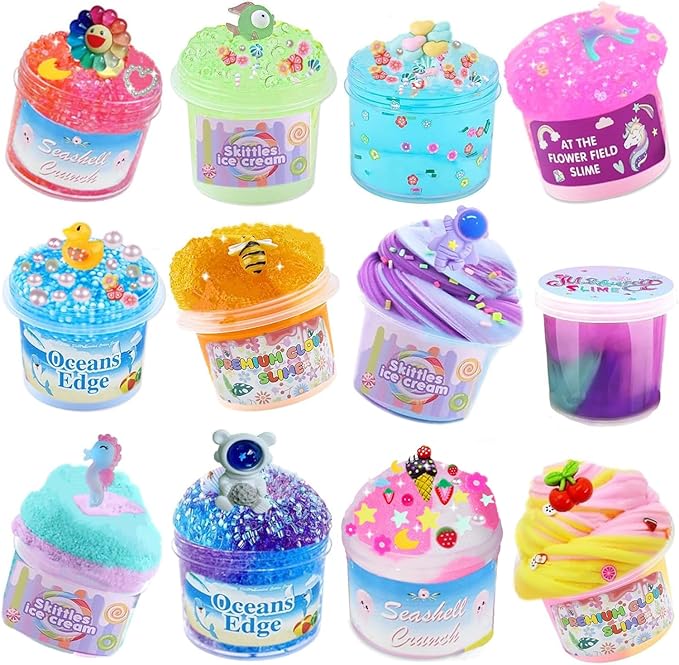 Crunchy Slime Set 12 Packed for Kids,Super Soft and Non-Sticky Stress Relief Clear Slime Kit Toy,DIY Butter Slime Party Favor for Girls & Boys Goodie Bags Stuffers