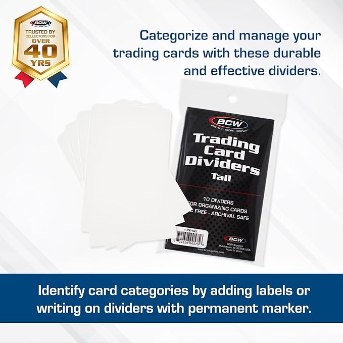 BCW Tall Trading Card Dividers - 50 ct | Archival Quality, Write-On Index Tab, 3 11/16 X 2 11/16 Inches | Fits Vault, Super Vault, QuickFold, Shoe, and Super Shoebox Boxes | Card Organizer Dividers