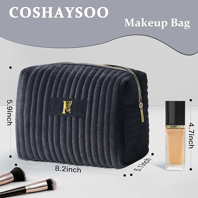 COSHAYSOO Travel Makeup Bag Quilted Make Up Pouch Initial Velvet Cosmetic Case with Butterfly Decorations for Women Cheerleader Volunteer Boss Lady Office Administrator Counselor Gifts Black Letter I