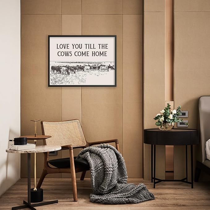 I Love You Till The Cows Come Home Wall Art Black And White Western Cowboy Poster 08x10 inch Black Framed Southwestern Country Animal Canvas Prints Farmhouse Living Room Wall Decor
