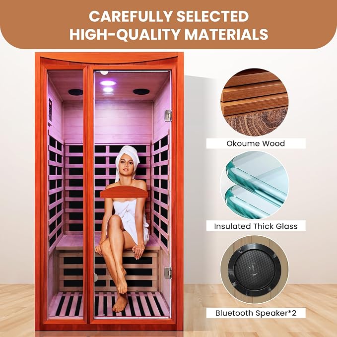 Infrared Sauna, Far Infrared Saunas for Home 1550W/110V Indoor Sauna for Single Person Wood Sauna Spacious 1-2 Person Low EMF Dry Sauna with Speakers/Air Hole and Color Lighting 39.4 * 35.4 * 74.8 in