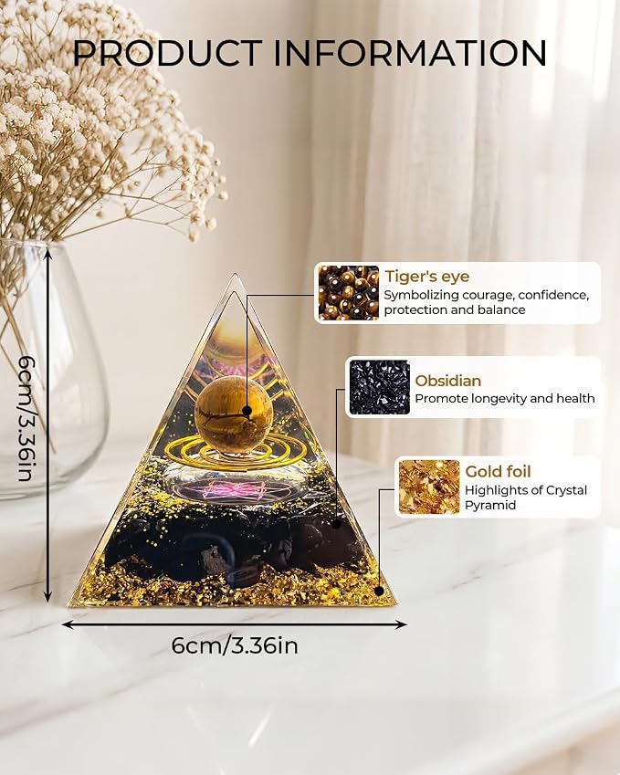Orgone Pyramid with Healing Crystals - (Space - Planets) - Golden Obsidian Energy Generator for Positive Vibe, Stress Relief & Chakra Reiki Meditation - Spiritual Gift for Success, Wealth & Prosperity