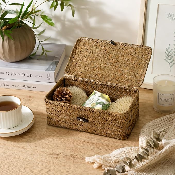 Seagrass Wicker Storage Basket with Lid, Small, Black | 9.05 x 5.11 x 3.34 Inch Box, Shelf Organizer, Rectangular Woven Bin, Small Item Storage, Decorative Color