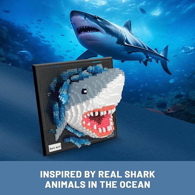 Shark Animal 3D Wall Art Micro Mini Building Blocks Set for Adults, Unique Home Wall Decor or Table Display, No Compatible with Lego, Ideal Birthday Toy for Kids Teens (2166 PCS)