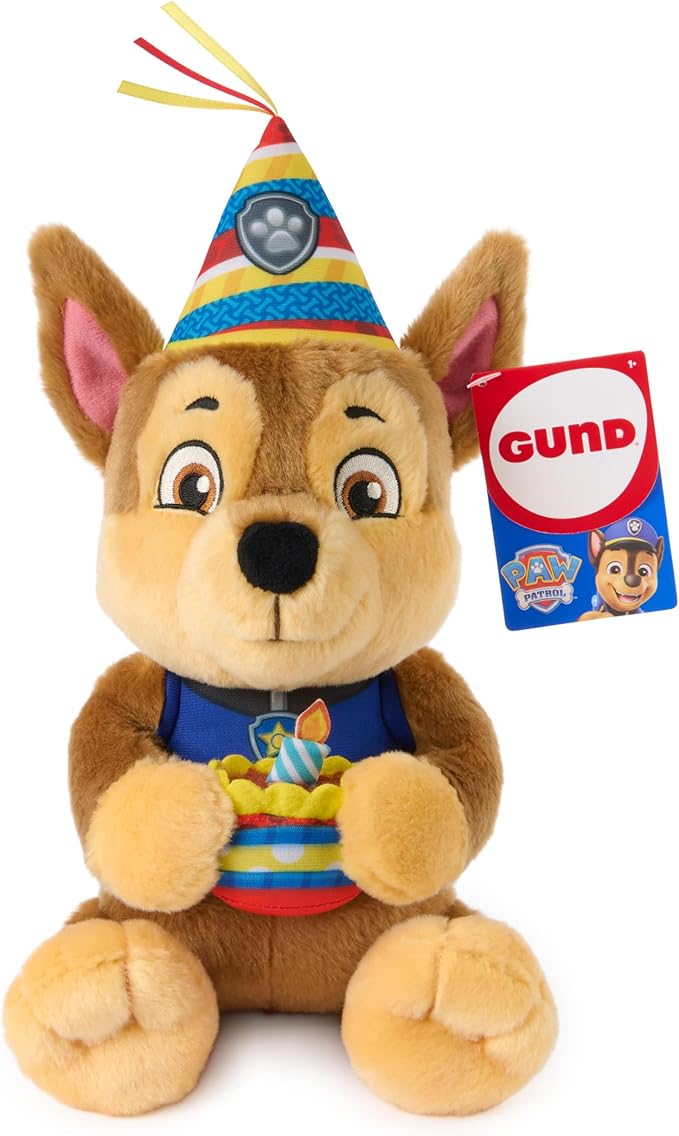 Paw Patrol GUND Birthday Chase Plush, Official Chase Plush Toy, Birthday Stuffed Animal, Sensory Toy for Ages 1 and Up, 9.5”
