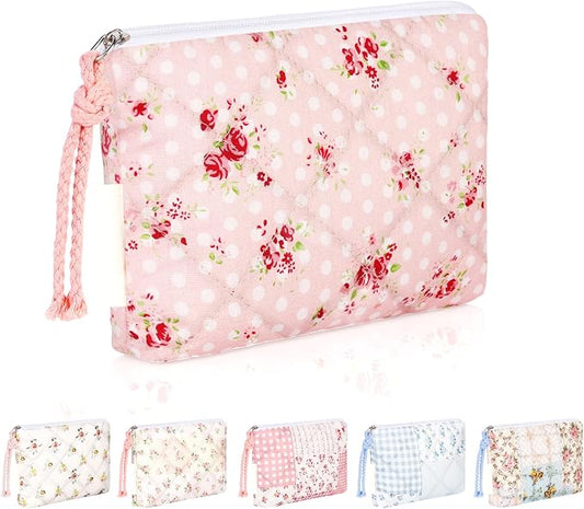 Quilted Mini Makeup Bag, Small Floral Cosmetic Bag for Purse, Portable XS Travel Makeup Pouch for Daily Use, Travel (Dots+Rose)