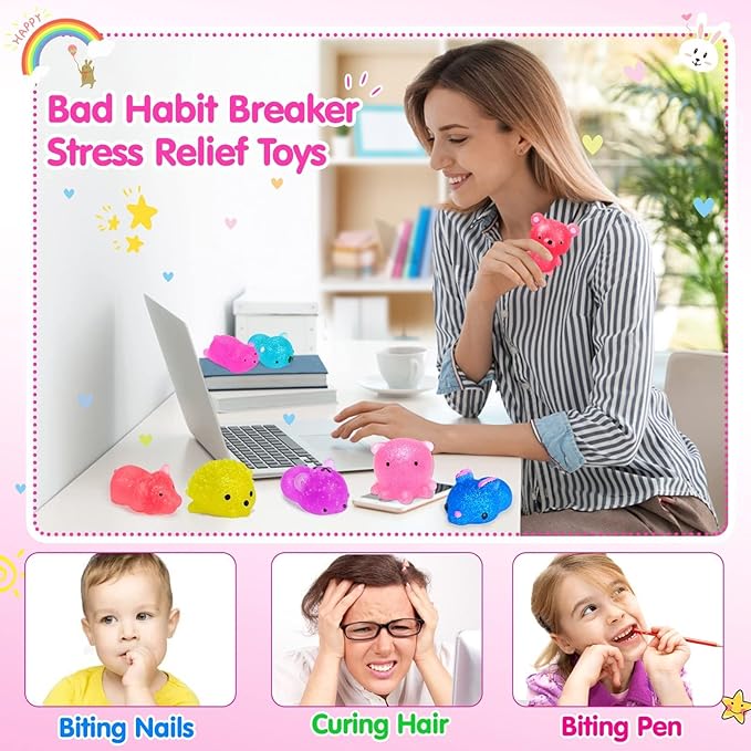 40Pcs Mochi Squishys Toys Mini Squishies 2nd Generation Glitter Animal Squishies Party Favors for Kids Adults Stress Relief Toy Treasure Box Prize Classroom Valentine Prizes Easter Egg Fillers