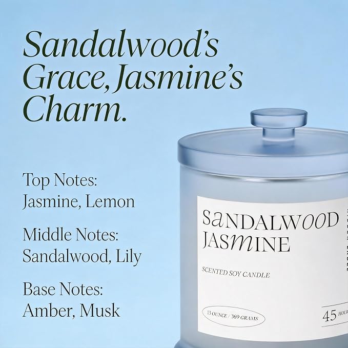 Hidden Label Sandalwood Jasmine Candle, 13oz 2-Wick Soy, 45H Aromatherapy | 45+ Hour Burn | Woody Floral Essential Oils | Non Toxic Plant Wax | Frosted Glass Home Decor | Meditation Gift