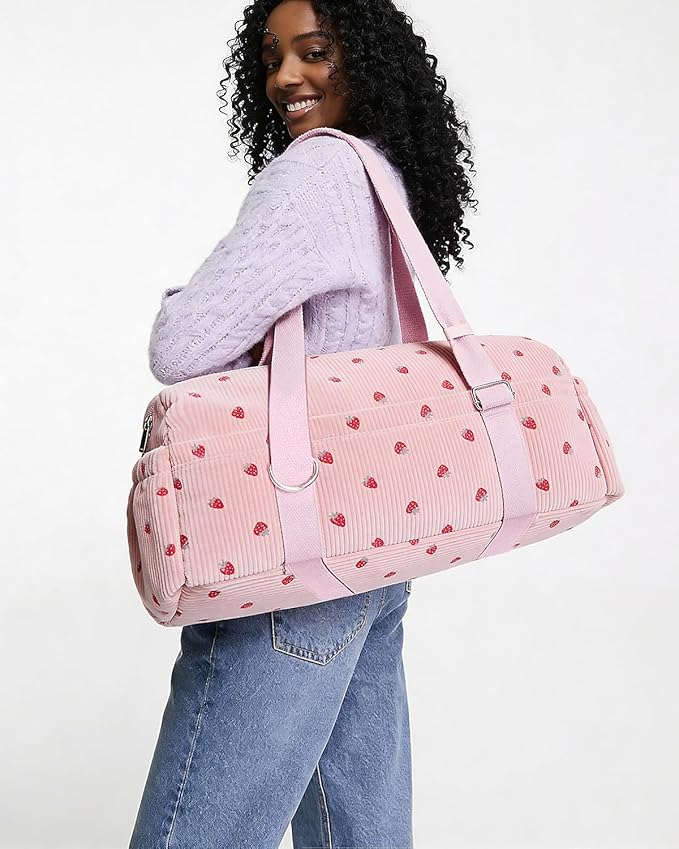 Hihealer Strawberry Gym Bag for Women & Girls, Corduroy Yoga Mat Bag with Holder, Large Capacity Dance Duffel Bag for Pilates, Travel Weekender Bag with Wet Pocket