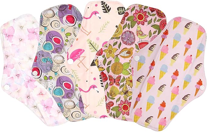 5 Pack 10 Inch Charcoal Bamboo Cloth Menstrual Pads,Reusable Sanitary Pads,Washable Panty Liner,Unscented
