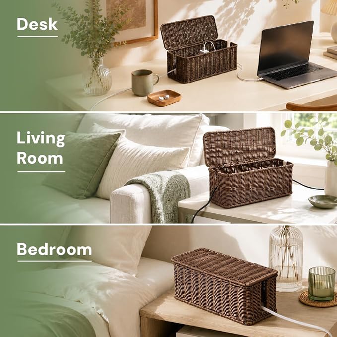 Cable Management Box, Handmade Rattan Cable Organizer with 2 Open Slots, Cord Hider for Power Strip, Router & USB Hub, Registered U.S. Design Patent (D1,112,102), 13" x 5.1" x 5.1", Brown