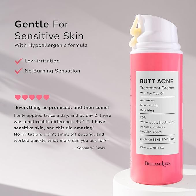 BellamiLuxx Butt Acne Clearing Treatment Cream: Body Acne Treatment Lotion for Folliculitis and Pimples on Back, Buttocks, Thighs With 2% Salicylic Acid & Tea Tree Oil - Butt Cream for Smooth Skin