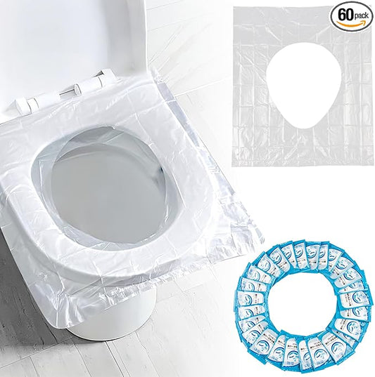RAINFLOW Disposable Toilet Seat Cover - Plastic Toilet Seat Covers Waterproof Non-Slip Individually Wrapped Friendly Packing For Travel,Potty Training,Pregnant Moms & Adults,60 Pack