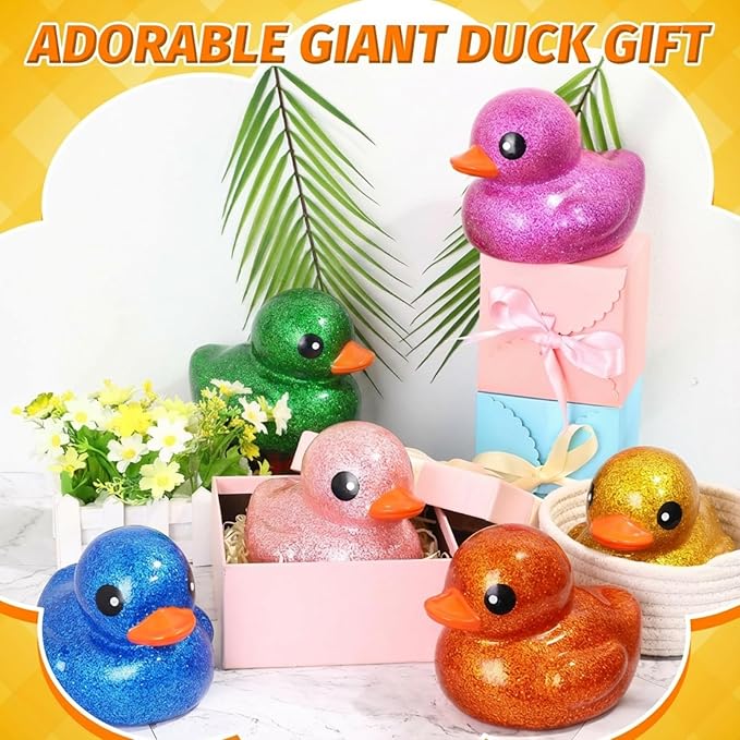 Honoson 6 Pieces Giant Glitter Rubber Ducks 6.89 Inch Big Sparkly Rubber Ducky Jumbo Duck Bathtub Toys with Squeaky Sound for Baby Shower Birthday Party Favor Summer Beach Pool Activity (Colorful)