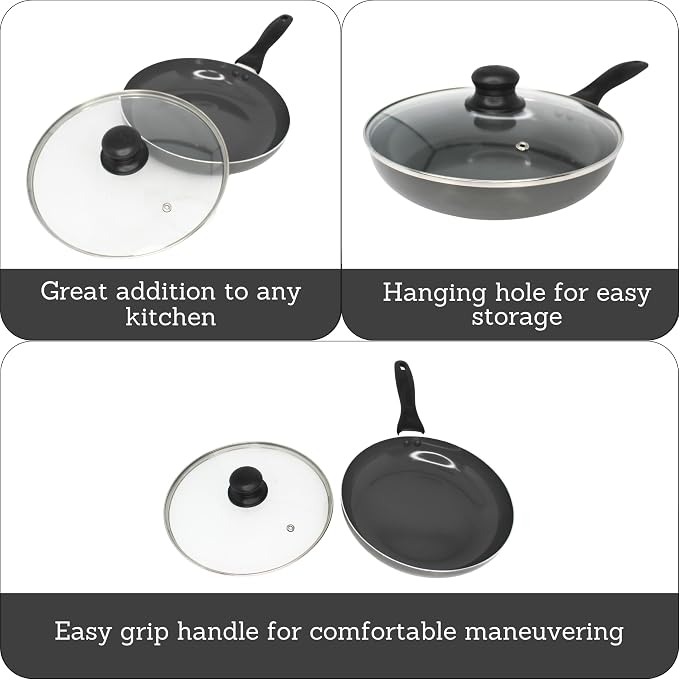 IMUSA 9.5 Inch Chef Cera Aluminum Ceramic Fry Pan with Glass Lid, Gray | Ceramic Nonstick Coating, Glass Lid with Cool-Touch Handle, For Sautéing, Stir-Frying, Everyday Cooking
