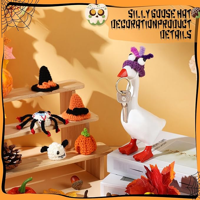 Geyoga 6 Pcs Mini Knitted Hats 7 Inch Goose Outfits Hat with Adjustable Strap Mini Porch Goose Headwear for Statue Key Holder