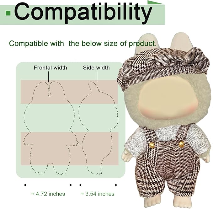 Clothes for labubu Dolls(Have a seat, Macaron, Energy). Clothes Accessories for labubu Clothes. Clothing for popmart Blind-Box, Dress up. (Plaid Overalls Set)