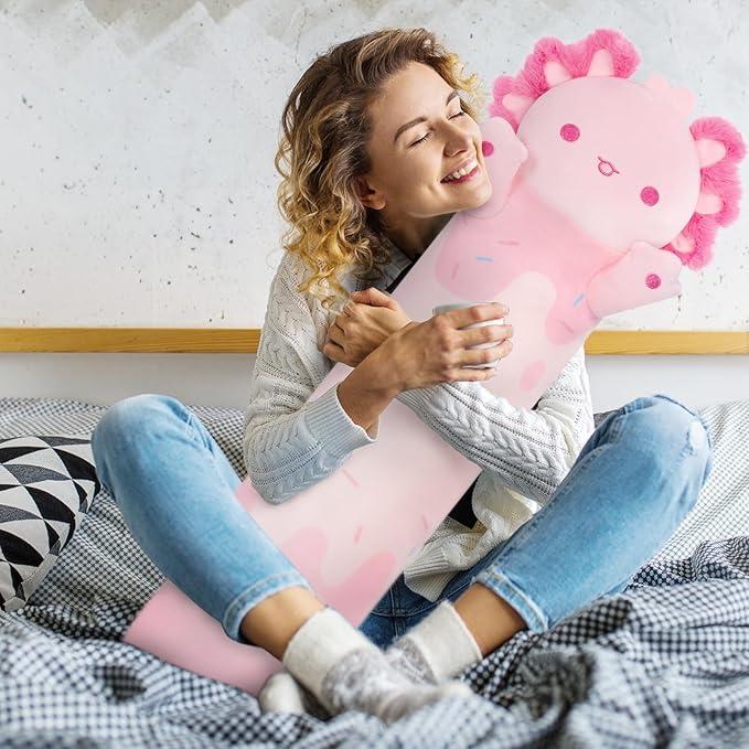Long Axolotl Plush 5 Sizes, 120% Extra Filling Giant Plushness Kids Body Pillow, Kawaii Cute Pink Axolotl Stuffed Animals Plushies, Big Long Body Pillow Cat Plush Gift for Girls 20”