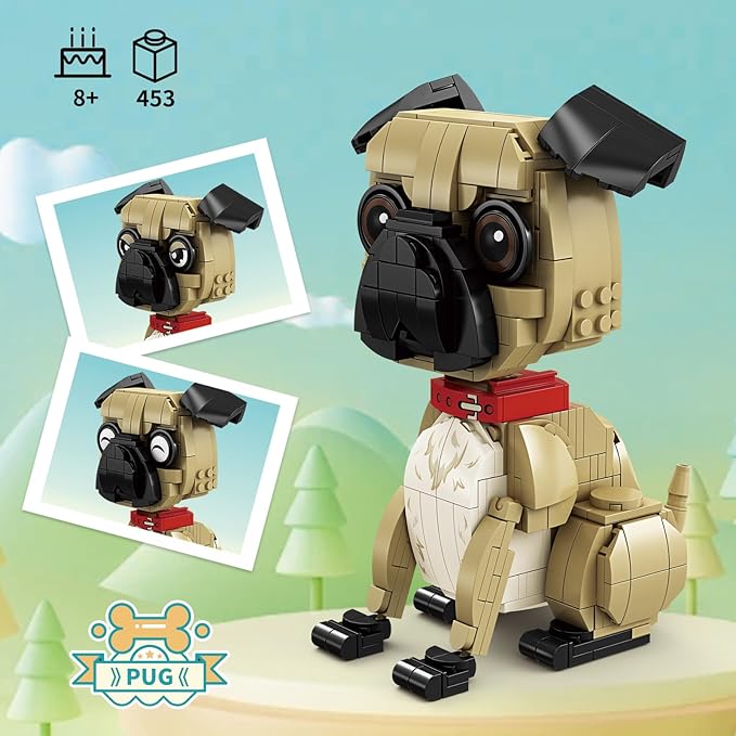 KAZI Ideas Pug Dog Building Toy Sets for Kids Ages 8+, Adorable Dogs Figures with Replaceable Eyes Accessories,Gifts for Dog Lovers,Puppy Model for Boys & Girls Who Love Animals,Party Favors