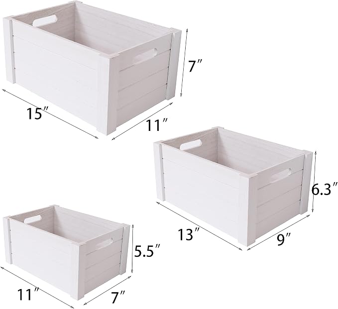Farmhouse Modern White Wooden Crates For Storage | Rustic Decorative Boxes,Set Of 3 Large Nesting Wooden Storage Crates For Home Decor,Handmade Natural Solid Wood Box
