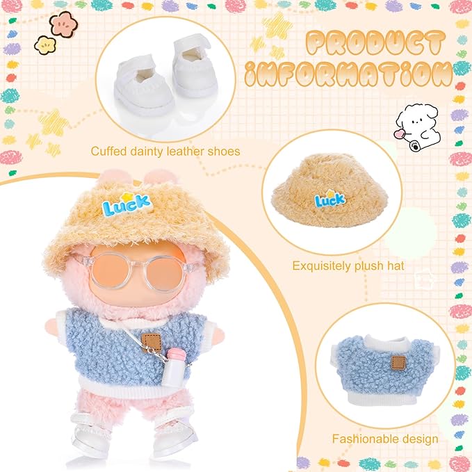 5 Pcs Stylish Set for 17cm Dolls with Fashion Hat, Water Bottle, Transparent Glasses, Shoes and Sweater Outfit Set, Cute Doll Style Accessories Gift (Pretty, Blue)