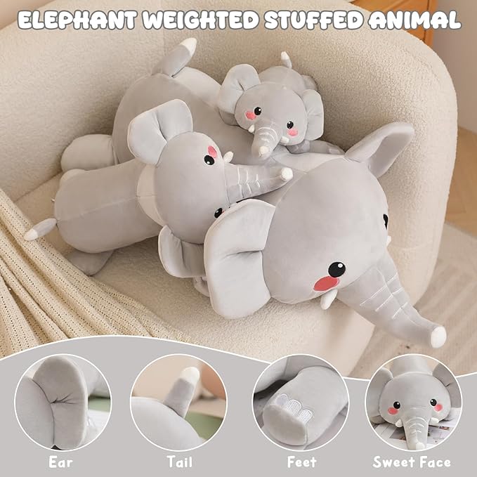 Weighted Stuffed Animals, 3.74 lbs Elephant Stuffed Animal with Weighted Beads, Cute Plush Toy Pillow Gifts for Adults Kids Boys Girls
