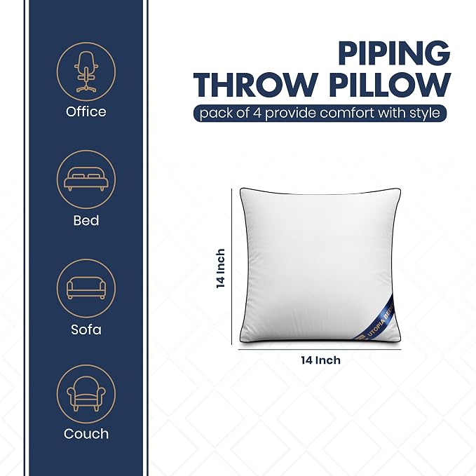 Utopia Bedding 14x14 Throw Pillow Inserts, Decorative Pillows, Pack of 4 | Piping Throw Pillows, Plush & Supportive, Aesthetic Cushion Sham Stuffer for Sofa, Office, Couch & Bed, Set of 4, White