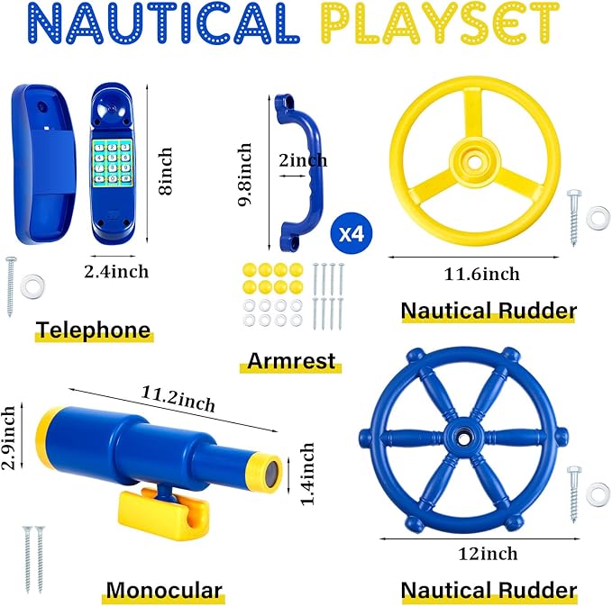 Playground Accessories Backyard Pirate Plastic Ship Playset Plastic Playground Equipment Set with Ship Wheel, Telescope, Safety Handlestoy Phone for Outdoor Playhouse Treehouse Playset(Blue, Yellow)