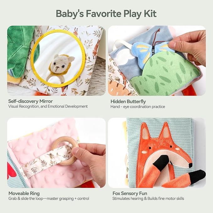 let's make Elephant Soft Baby Books for 0-6-12 Months, Montessori Sensory Tummy Time Toys with Crinkle & Mirror, Teething Toy, Washable Newborn for Boys Girls