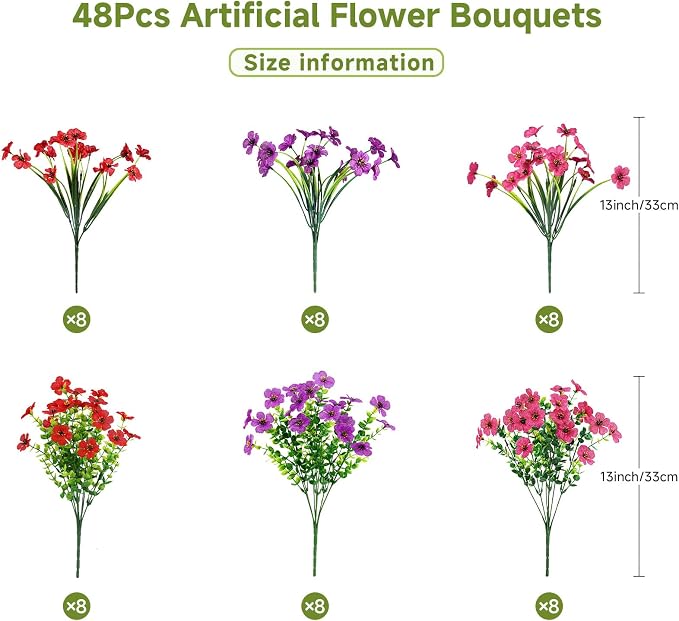 Alupssuc 48 Bundles Artificial Daisy Flowers UV Resistant for Outdoor Decor | Silk & Plastic, Spring Faux Plants Greenery, Bendable Stems, for Porch Patio Hanging Window Planter Yard Outside, 3 Colors