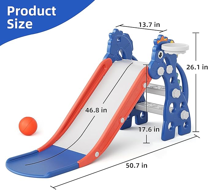 GLAF Toddler Slide Indoor for Toddlers 1-3 Baby Slide Outdoor Playset with Basketball Hoop and Ball Plastic Foldable Slides for Kids Backyard Climber Set (Blue)