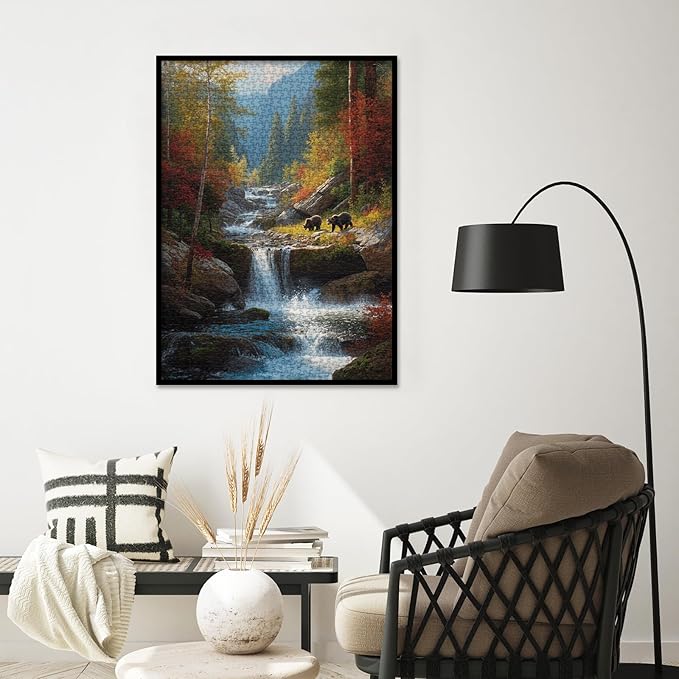Autumn Waterfall Landscape Puzzles for Adults 1000 Pieces, Nature Forest Mountain Scenic Jigsaw Puzzle, Challenging Fall Plant Tree River Bear Puzzle