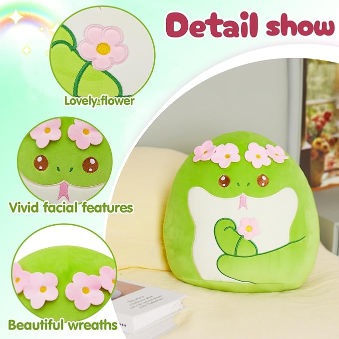 SpecialYou Flower Crown Green Snake Plush Pillow - Soft Snake Stuffed Animal Pillow Plushie Toy Birthday Gift for Kids, Boys & Girls 14inch