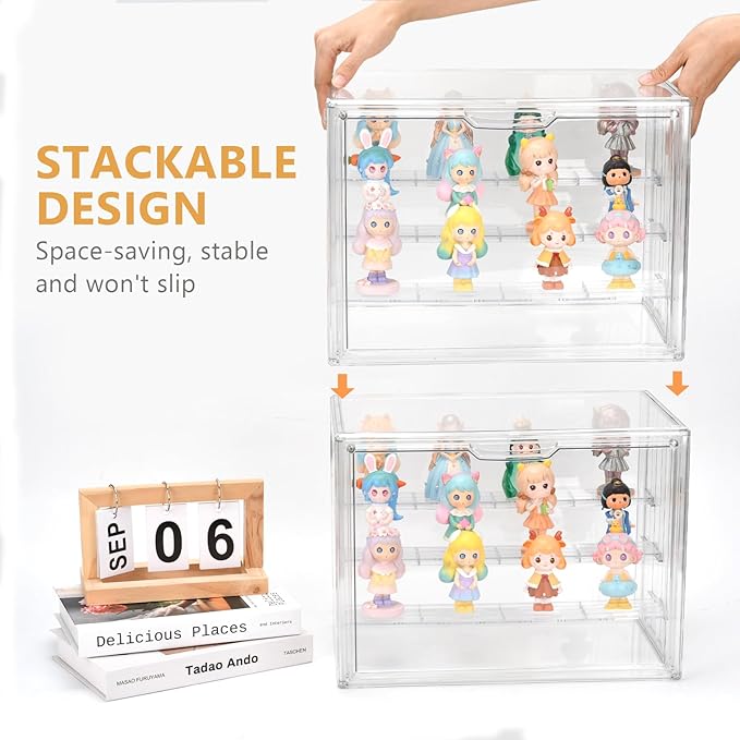 4 Tiers Clear Ddisplay Cases for Collectibles, Acrylic Storage Organizers Box with Magnetic Door, Desktop Clear Showcase with 3 Adjustable Divider Storage Box for Action Figure
