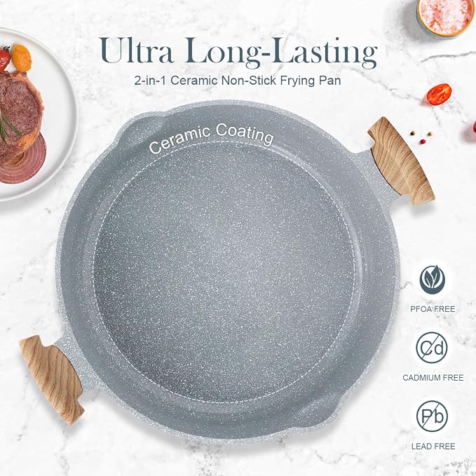 AIKENBBKK Ceramic Frying Pan with Lid, 14 Inch Saute Pan, Non Stick Frying Pans, 2-In-1 Large Cooking Pan, Nonstick Skillet, Compatible with All Stoves, PTFE & PFOA Free, Blue